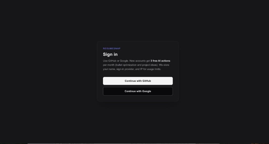 ResumeSnap sign in with GitHub or Google and 3 free AI actions per month