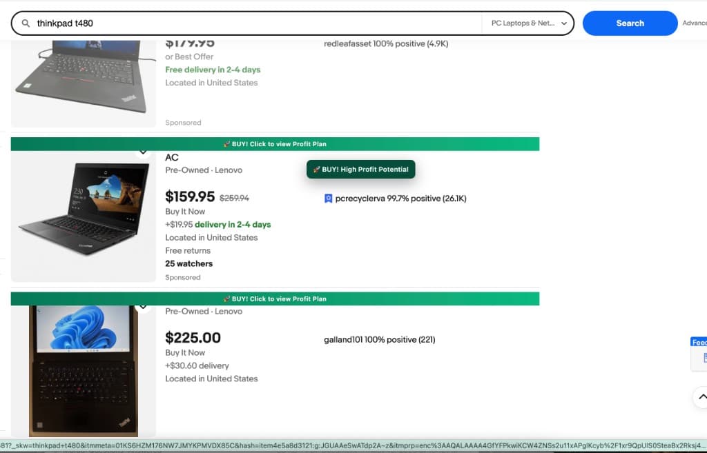 SiliconLens Chrome extension on eBay with BUY profit badges on ThinkPad listings